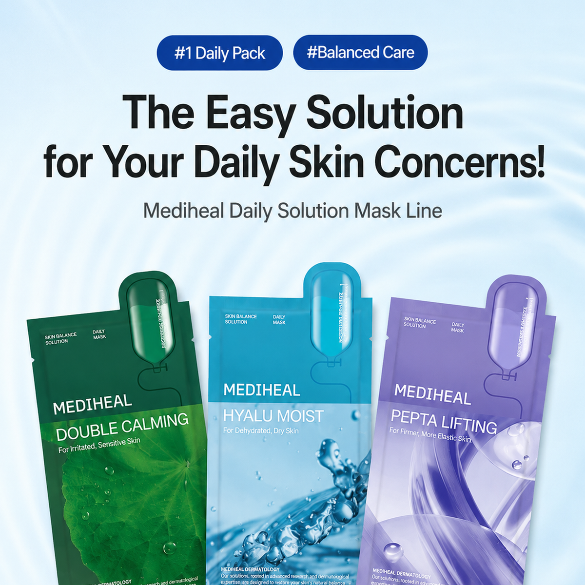 MEDIHEAL Double Calming, Hyalu Moist & Pepta Lifting Masks